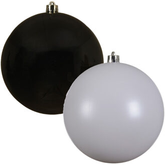 Decoris Kerstversieringen set van 6x grote kunststof kerstballen zwart en wit 14 cm glans