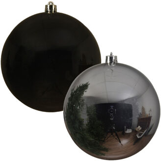 Decoris Kerstversieringen set van 6x grote kunststof kerstballen zwart en zilver 14 cm glans