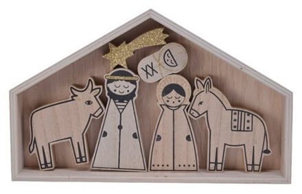 Decoris Kinder kerststal - 32,5 x 20 x 3 cm - met 6 kerststal figuren - triplex wood - Kerststallen Beige