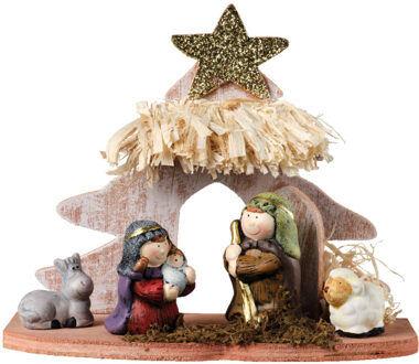 Decoris Kinder/kinderkamer kerststal - met kerstbeeldjes - L20 x B8 x H16,5 cm