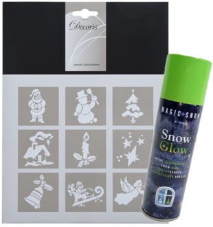 Decoris Kleine kerst raamsjablonen -9 sjablonen 5 cm -met glow in the dark sneeuwspray