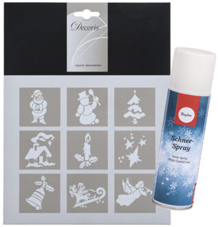 Decoris Kleine kerst raamsjablonen - 9 sjablonen van 5 cm - incl. sneeuwspray 150 ml