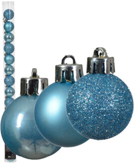 Decoris kleine kerstballen - 14x - ijs blauw - 3 cm -kunststof - Kerstbal