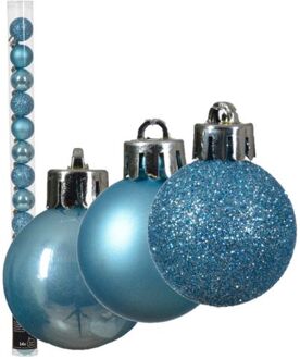Decoris kleine kerstballen - 14x - ijs blauw - 3 cm -kunststof - Kerstbal