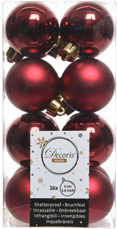 Decoris kleine kerstballen - 16x st - donkerrood - 4 cm - kunststof - Kerstbal