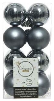 Decoris kleine kerstballen - 16x st - grijs/blauw - 4 cm - kunststof - onbreekbare kerstballen Titanium grijs