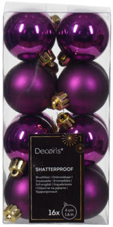 Decoris kleine kerstballen - 16x st - paars - 4 cm - kunststof - onbreekbare kerstballen