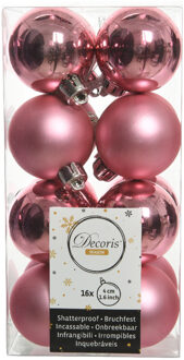 Decoris kleine kerstballen - 16x st - roze - 4 cm - kunststof - Kerstbal