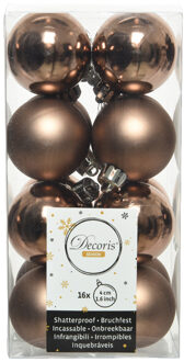 Decoris kleine kerstballen - 16x st - walnoot bruin - 4 cm - kunststof - onbreekbare kerstballen