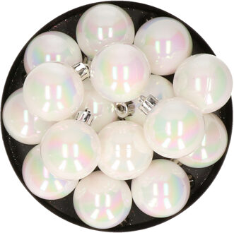 Decoris kleine kerstballen - 16x st - wit parelmoer - 4 cm - kunststof - onbreekbare kerstballen