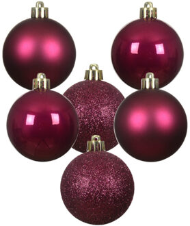 Decoris Kleine kerstballen - 28x - kunststof - donkerroze - 3 cm - kerstversiering