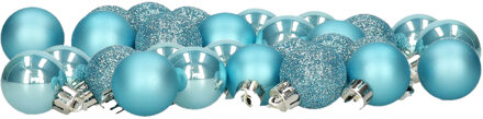 Decoris Kleine kerstballen - 28x - kunststof - ijs blauw - 3 cm