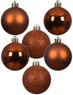 Decoris Kleine kerstballen - 28x - kunststof - koper/cognac bruin - 3 cm - kerstversiering