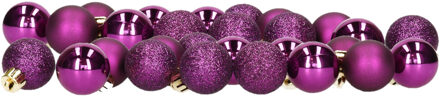 Decoris Kleine kerstballen - 28x - kunststof - paars - 3 cm