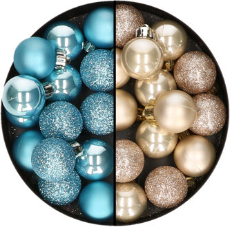 Decoris Kleine kerstballen - 28x st - champagne en ijsblauw - 3 cm - kunststof - Kerstbal Champagnekleurig