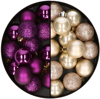 Decoris Kleine kerstballen - 28x st - champagne en paars - 3 cm - kunststof - Kerstbal