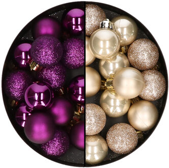 Decoris Kleine kerstballen - 28x st - champagne en paars - 3 cm - kunststof