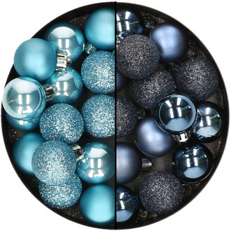 Decoris Kleine kerstballen - 28x st - donkerblauw en ijsblauw - 3 cm - kunststof - Kerstbal