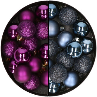 Decoris Kleine kerstballen - 28x st - donkerblauw en paars - 3 cm - kunststof
