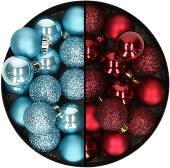 Decoris Kleine kerstballen - 28x st - donkerrood en ijsblauw - 3 cm - kunststof - Kerstbal