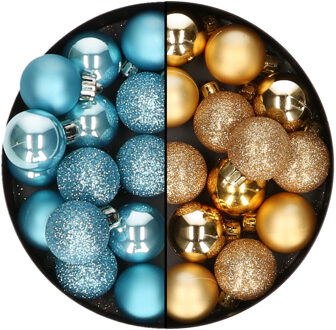 Decoris Kleine kerstballen - 28x st - goud en ijsblauw - 3 cm - kunststof - Kerstbal Goudkleurig