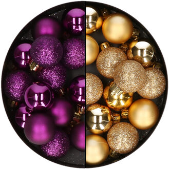 Decoris Kleine kerstballen - 28x st - goud en paars - 3 cm - kunststof - Kerstbal Goudkleurig