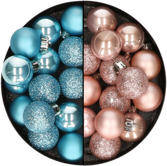 Decoris Kleine kerstballen - 28x st - lichtroze en ijsblauw - 3 cm - kunststof - Kerstbal