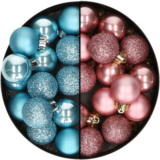 Decoris Kleine kerstballen - 28x st - oudroze en ijsblauw - 3 cm - kunststof - Kerstbal