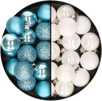 Decoris Kleine kerstballen - 28x st - parelmoer wit en ijsblauw - 3 cm - kunststof - Kerstbal