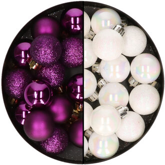 Decoris Kleine kerstballen - 28x st - parelmoer wit en paars - 3 cm - kunststof