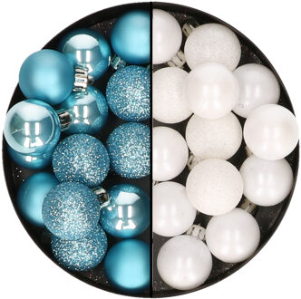 Decoris Kleine kerstballen - 28x st - wit en ijsblauw - 3 cm - kunststof