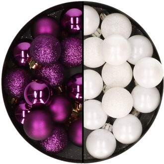 Decoris Kleine kerstballen - 28x st - wit en paars - 3 cm - kunststof
