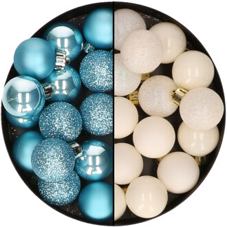 Decoris Kleine kerstballen - 28x st - wol wit en ijsblauw - 3 cm - kunststof - Kerstbal Crème