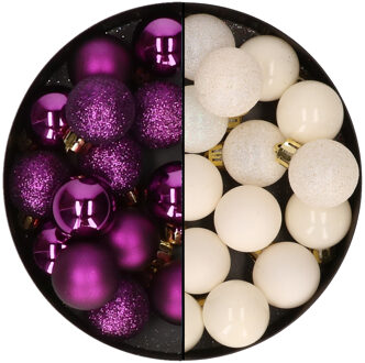 Decoris Kleine kerstballen - 28x st - wol wit en paars - 3 cm - kunststof