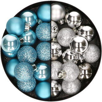 Decoris Kleine kerstballen - 28x st - zilver en ijsblauw - 3 cm - kunststof - Kerstbal Zilverkleurig