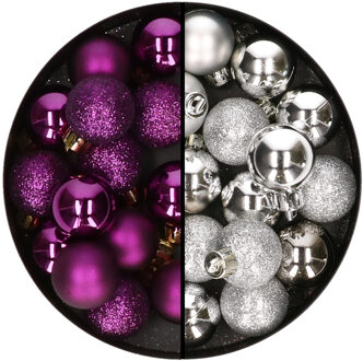 Decoris Kleine kerstballen - 28x st - zilver en paars - 3 cm - kunststof - Kerstbal Zilverkleurig