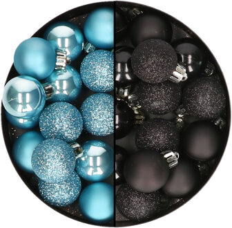 Decoris Kleine kerstballen - 28x st - zwart en ijsblauw - 3 cm - kunststof - Kerstbal