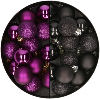 Decoris Kleine kerstballen - 28x st - zwart en paars - 3 cm - kunststof