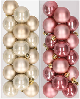 Decoris Kleine kerstballen - 32x st - champagne en oudroze - D4 cm - kunststof - kerstversiering