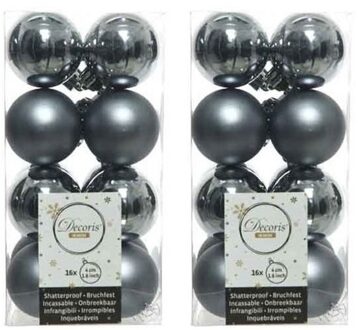 Decoris kleine kerstballen - 32x st - grijs/blauw - 4 cm - kunststof - onbreekbare kerstballen
