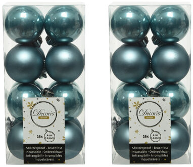Decoris kleine kerstballen - 32x st - ijsblauw - 4 cm - kunststof - onbreekbare kerstballen