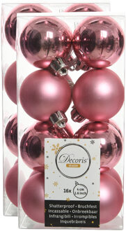 Decoris kleine kerstballen - 32x st - lippenstift roze - 4 cm - kunststof - onbreekbare kerstballen