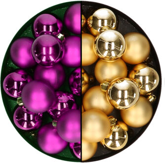 Decoris Kleine kerstballen 32x stuks - mix goud en paars - 4 cm - kunststof - Kerstbal Goudkleurig