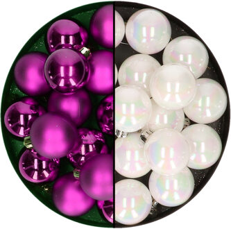 Decoris kleine kerstballen 32x stuks - mix parelmoer wit en paars - 4 cm - kunststof