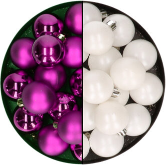 Decoris Kleine kerstballen 32x stuks - mix winter wit en paars - 4 cm - kunststof