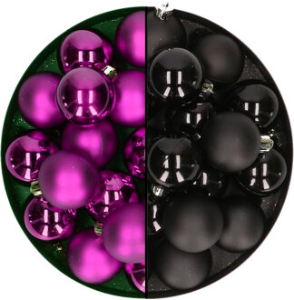 Decoris kleine kerstballen 32x stuks - mix zwart en paars - 4 cm - kunststof