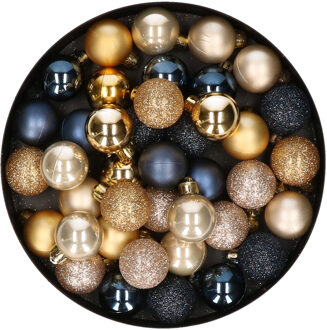 Decoris Kleine kerstballen - 42x st - donkerblauw - champagne - goud - D3 cm - kunststof - kerstversiering