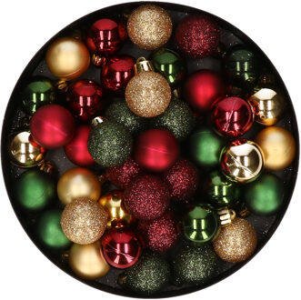 Decoris Kleine kerstballen - 42x st - donkergroen, donkerrood, goud - D3 cm