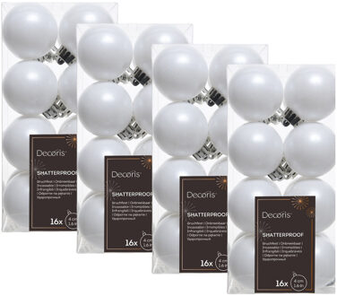 Decoris kleine kerstballen - 64x st - wit - 4 cm - kunststof - onbreekbare kerstballen