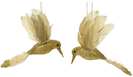 Decoris Kolibries vogeltjes kersthangers - 2x st - goud - 8 x 13 x 2,5 cm - foam - kerstboomversiering